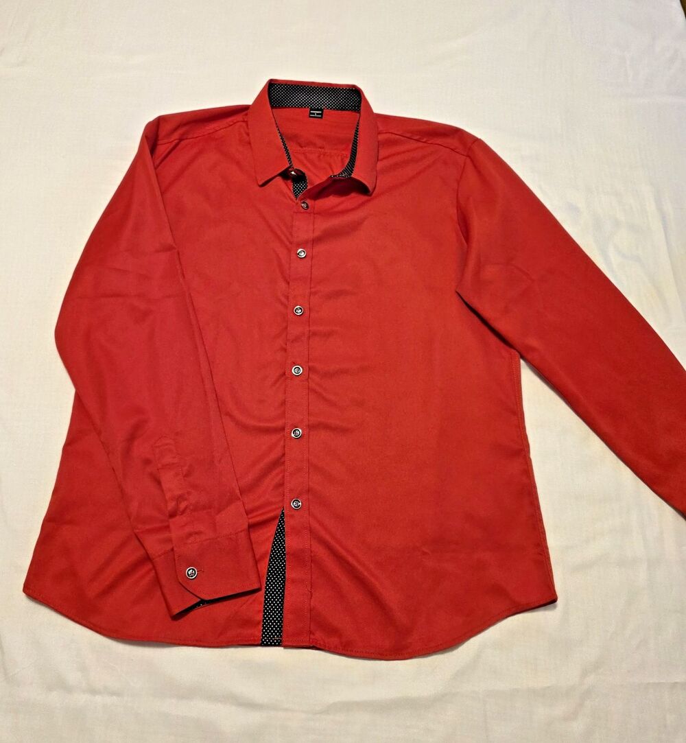 Manfinity Red Long Sleeve Button-Up Shirt with Polka Dot Inner Trim Mens Size L